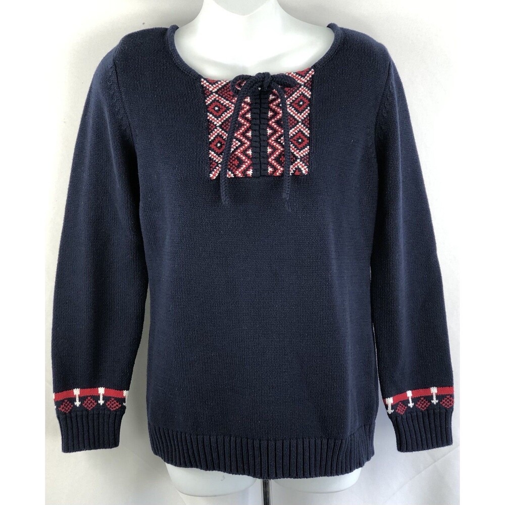 Vintage Sweater M Blue/Red Aztec Knit Tassel Peasant Cotton Boho Grunge Y2K